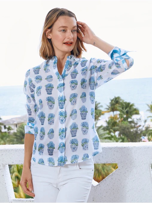 Dizzy Lizzie Rome 3/4 Sleeve Shirt - Hydrangeas With Chinoiserie